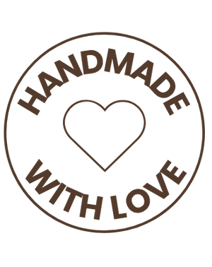 Circular logo with 'Handmade with Love' text and heart symbol on a white background