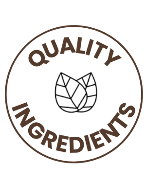 Logo with 'Quality Ingredients' text and a leaf symbol on a white background