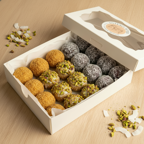 Sisterly Bites Best Sellers Box - 15 protein balls, 5 each of Gaytime, Pistachio and Cherry