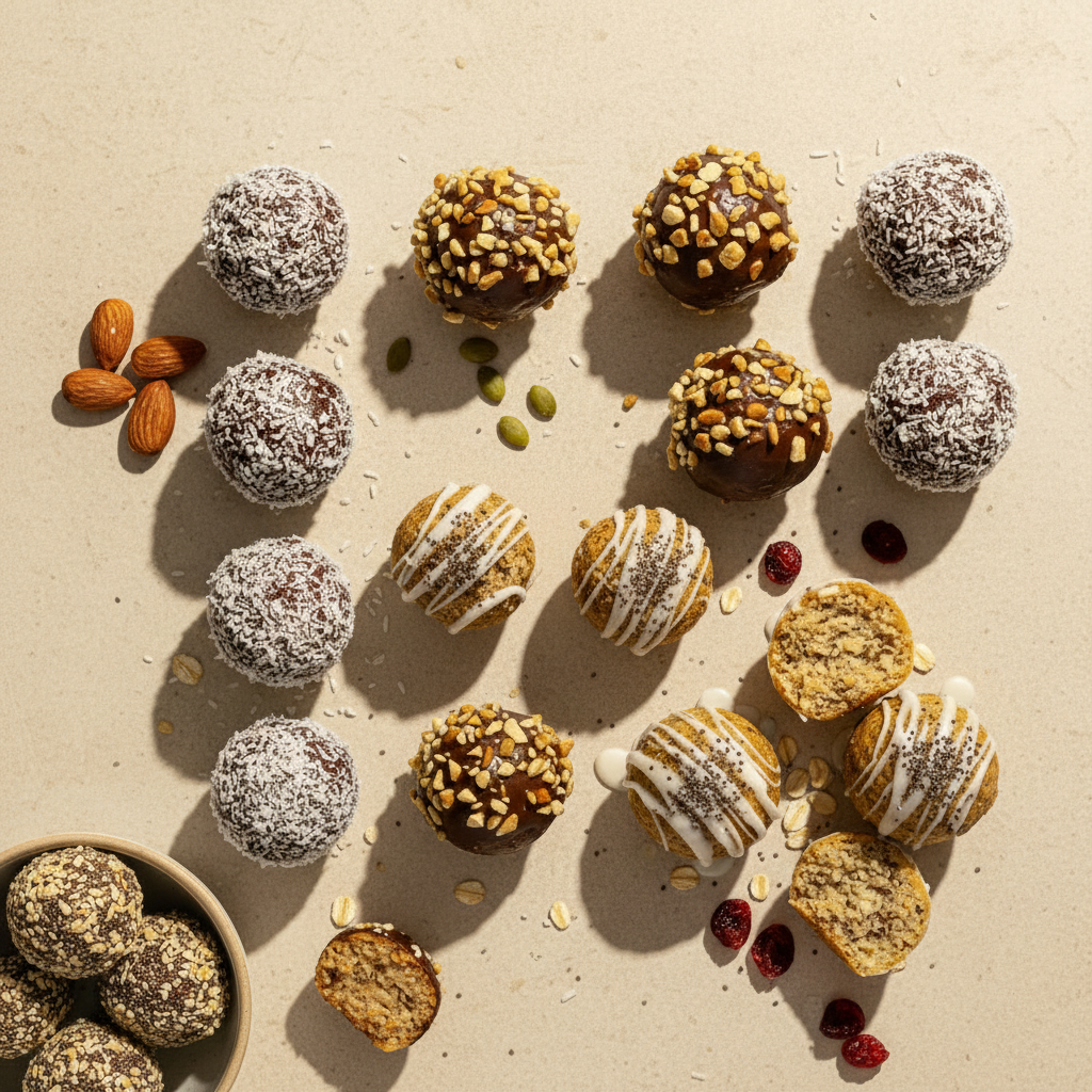 Assorted protein balls with different toppings on a textured surface