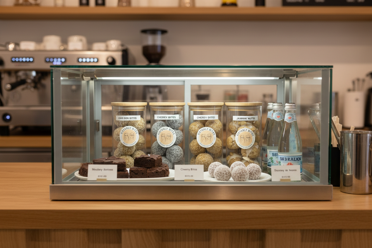 Display case with assorted pastries and bottles on a wooden counter in a cafe setting.